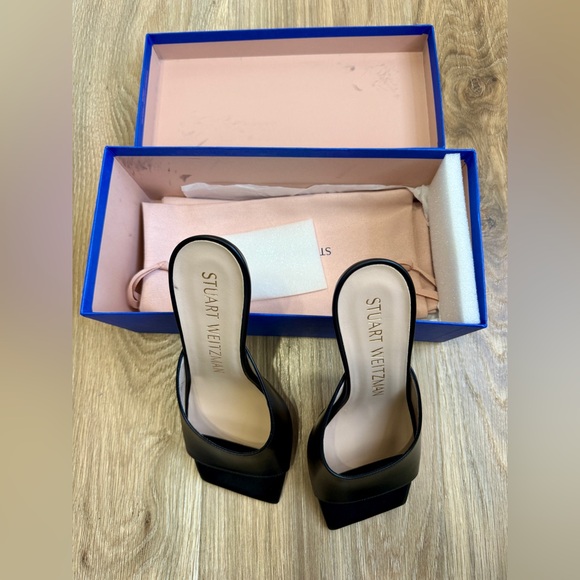 Stuart Weitzman Shoes - Stuart Weitzman Black Leather Square-Toe Mule Sandals Size 7.5